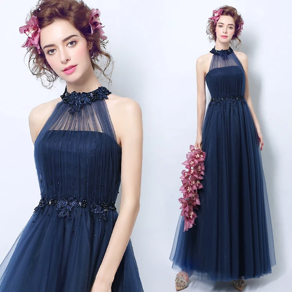 Vestido де феста Темно-синий сексуальная холтер бисероплетение вечернее платье 2017