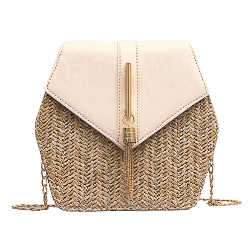 Beige B Новая мода шестиугольник Mulit стиль соломы+ pu сумка сумки для женщин Летняя ротанговая сумка ручной работы Тканые Пляжные bolsa feminina - Цвет: Beige B