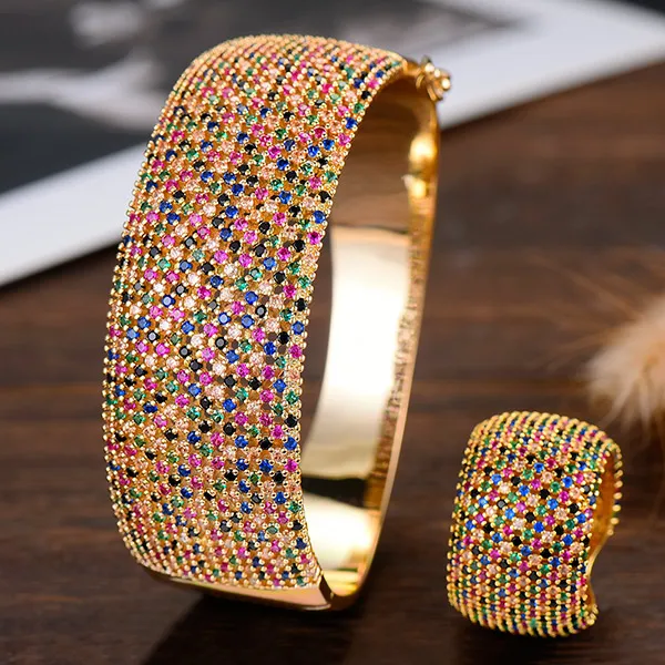 Gold Multicolor GODKI широкий роскошный Теннисный браслет набор колец ювелирные наборы для женщин Свадебные с кубическим Цирконом Кристалл CZ aretes de mujer модеран - Окраска металла: Gold Multicolor