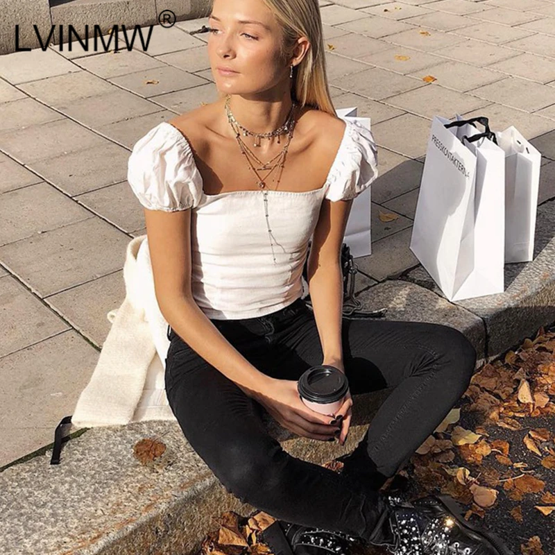 LVINMW белая футболка с квадратным воротником пышными рукавами на молнии сбоку