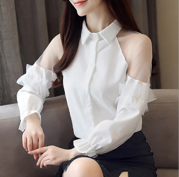 Корейская модная прозрачная блузка с открытыми плечами женская рубашка длинными