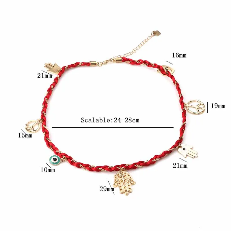 Женский браслет с подвесками Lucky Eye Hamsa черный красный нитью и кисточками модные