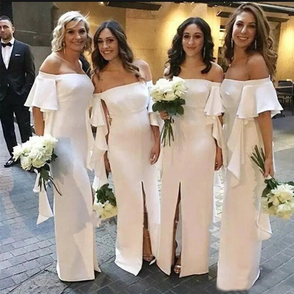 

Long White Bridesmaid Dresses Boat Neck Off The Shoulder Straight Front Split Simple Wedding Party Gowns 2019 New Women Gowns