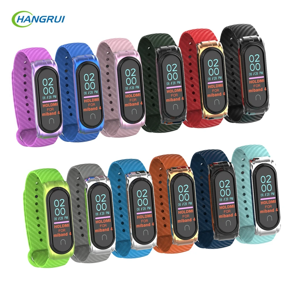Hangrui mi Band 4 силиконовый чехол из углеродного волокна для Xiaomi mi band 4 ремешок металлический каркас браслет mi band 3 ремешок из нержавеющей стали