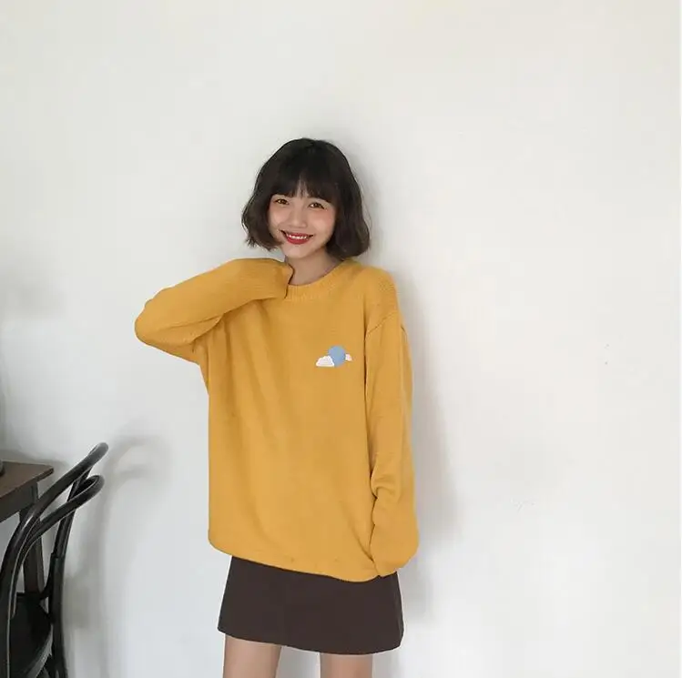 Цвет: желтый Женские повседневные свитера, японский Kawaii Ulzzang Cloud Sun, мультяшный пуловер, Женская Корейская одежда Harajuku для женщин - Цвет: Цвет: желтый