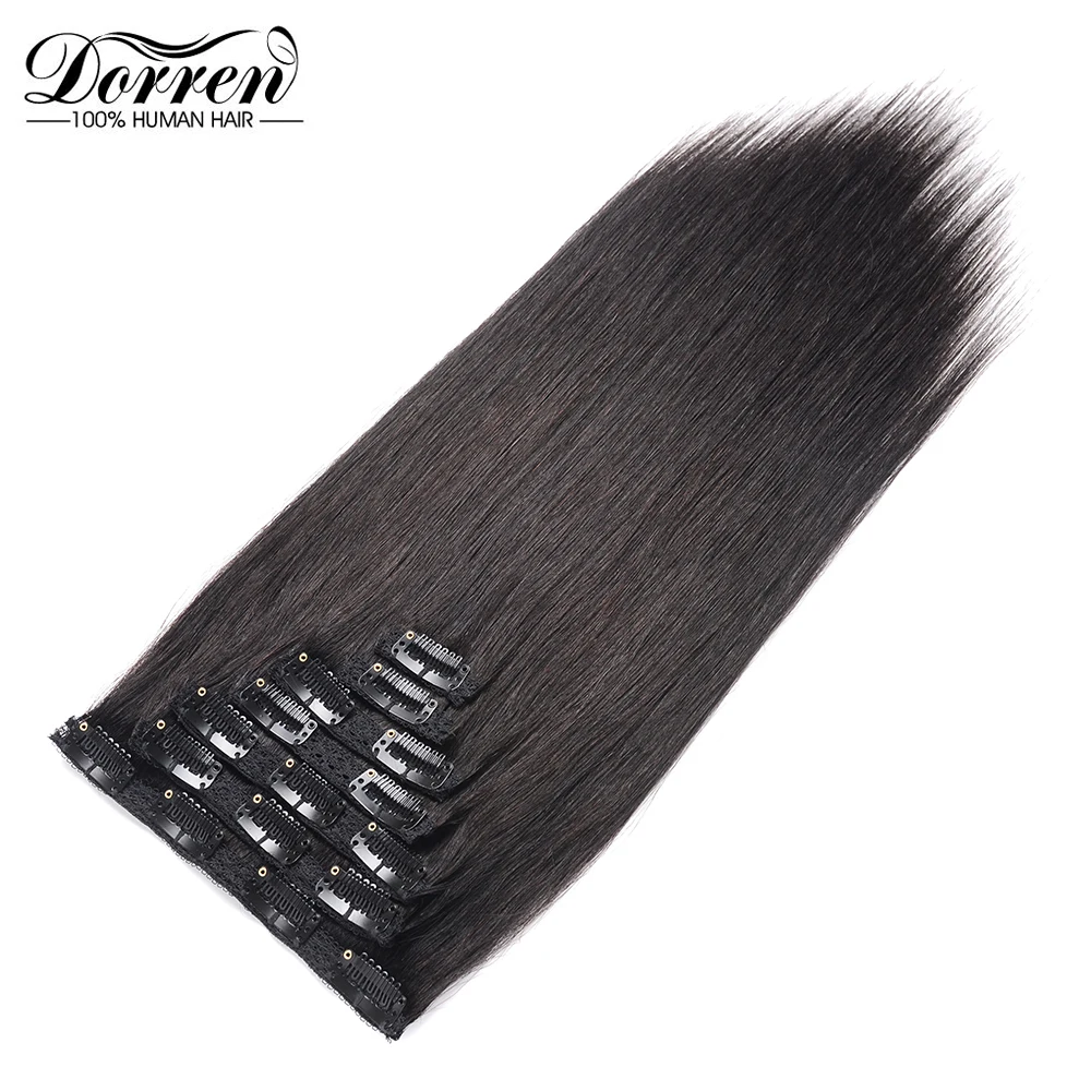 Doreen, 200 г, европейские волосы, машинка для наращивания, Remy, прямые волосы для наращивания на заколках, человеческие волосы темного цвета, комплект на всю голову 1"-22"