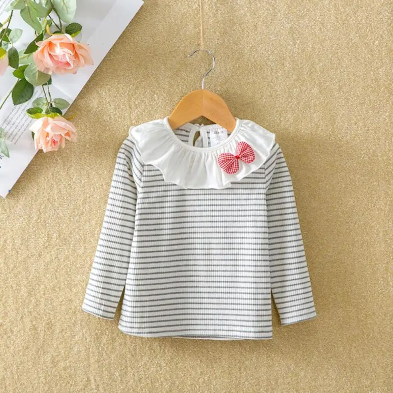 Футболки для девочек с длинным рукавом Хлопковая полосатая футболка бантом и