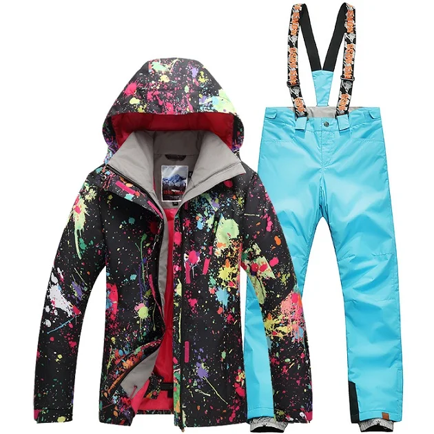 blk with blue pant Женская теплая, водонепроницаемая, ветрозащитная яркая красивая горнолыжная куртка, горнолыжные костюмы для женщин горнолыжный костюм для женщин, лыжный костюм женский зимний, куртка мужская сноуборд, беговые лыжи - Цвет: blk with blue pant