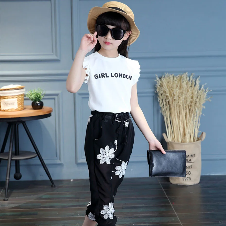 Комплект летней одежды для девочек комплект детской с цветочным принтом 6 8 12 лет