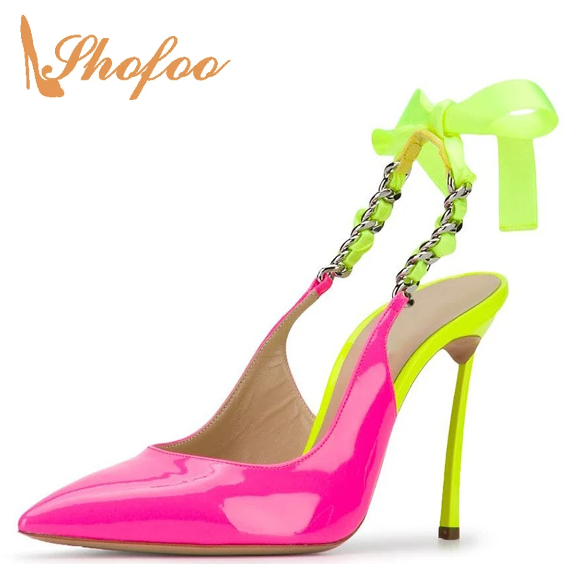 

Pink Neon Bowknot Metal Chain Stilettos Slingbacks Pumps Woman Pointed Toe High Thin Heels Lace Up Mature Party Large Size 11 16