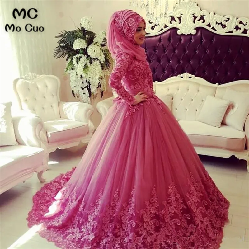 

Arabic Muslim Wedding Dress 2018 Turkish Gelinlik Lace Appliques Ball Gown Islamic Bridal Dresses Hijab Long Sleeve Wedding Gown