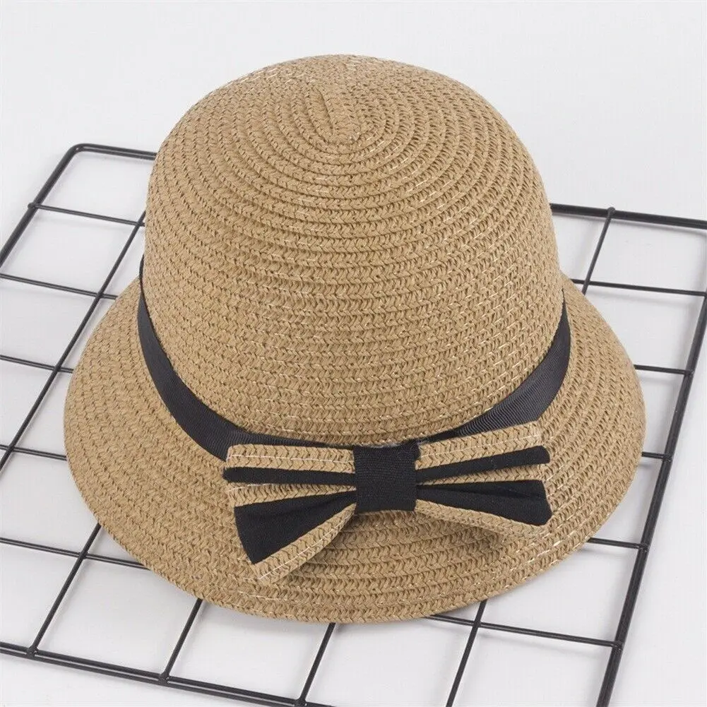 Cute Child Girls Straw hat Bowknot Sun Hat Kids Large Brim Beach Summer Boater Ribbon Round Flat Top fedora | Аксессуары для