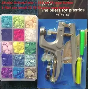 button and plier 150 Набор, 15 цветов, смешанные KAM T3, 10,5 мм, пластиковые кнопки с плоскогубцами, полимерные кнопки, набор инструментов для пресса - Цвет: button and plier