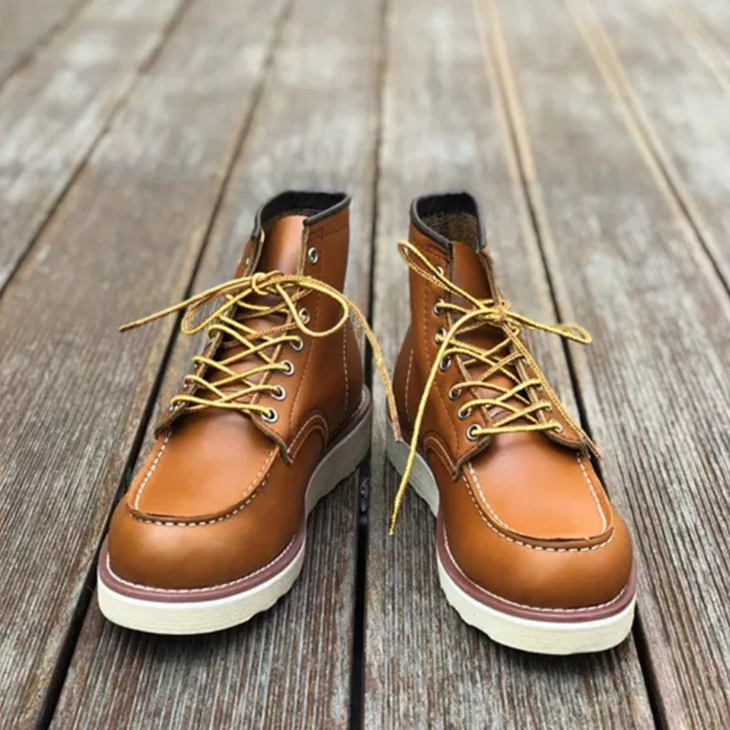 202 Yellow Brown Goodyear/Винтажные ботильоны в байкерском стиле из натуральной кожи; высококачественные мужские повседневные модельные ботинки с круглым носком и крыльями; красные ботинки для работы - Цвет: 202 Yellow Brown