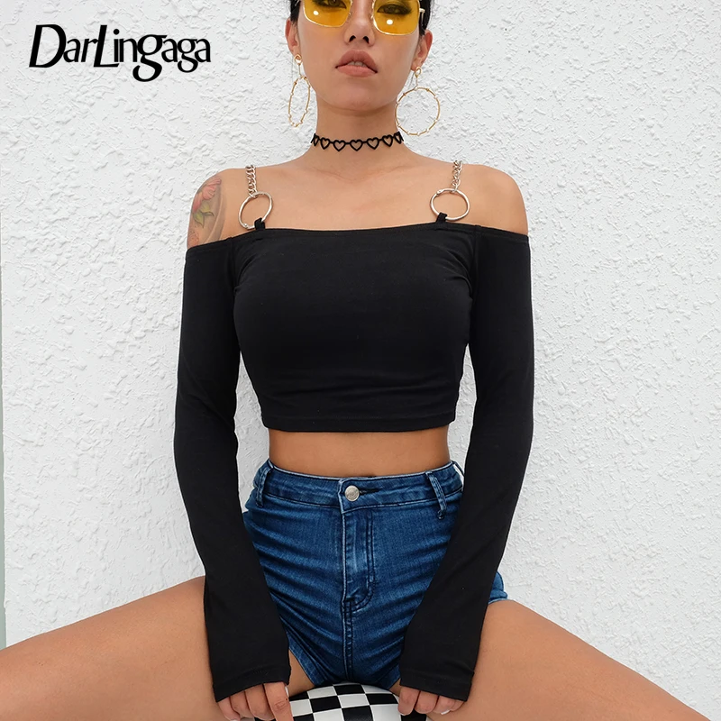 Darlingaga, хлопок, с открытыми плечами, сексуальные, модные, женские футболки,, цепочка, кольцо, футболка с длинным рукавом, короткий топ, футболка, осень, тонкая футболка