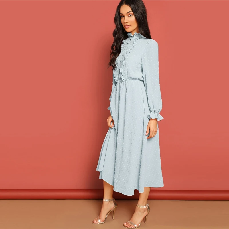 SHEIN Платье С Кружевом И Складкой Женское Голубое Весеннее Элегантное Платье С Длинными Рукавами И Пуговицами