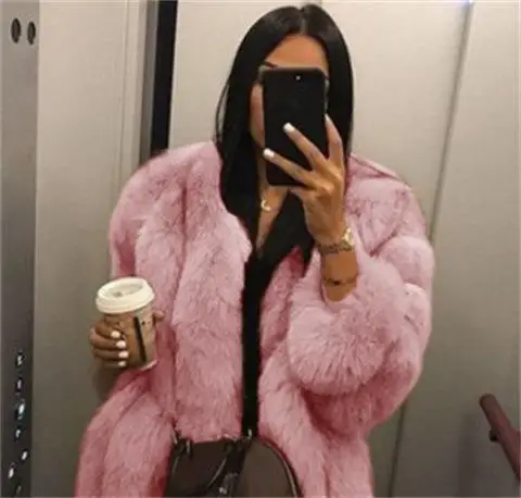 Женское меховое пальто из лисы, зимнее серое, 5XL, розовое пальто из меха лисы, теплое плюшевое пальто, брендовая Меховая куртка, женская утепленная верхняя одежда из искусственного меха - Цвет: Pink