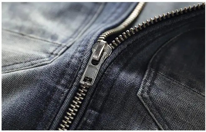 Для мужчин's джинсовые куртки Slim Fit Настоящее байкерское пальто Винтаж молния Стенд воротник мото куртки Прямая
