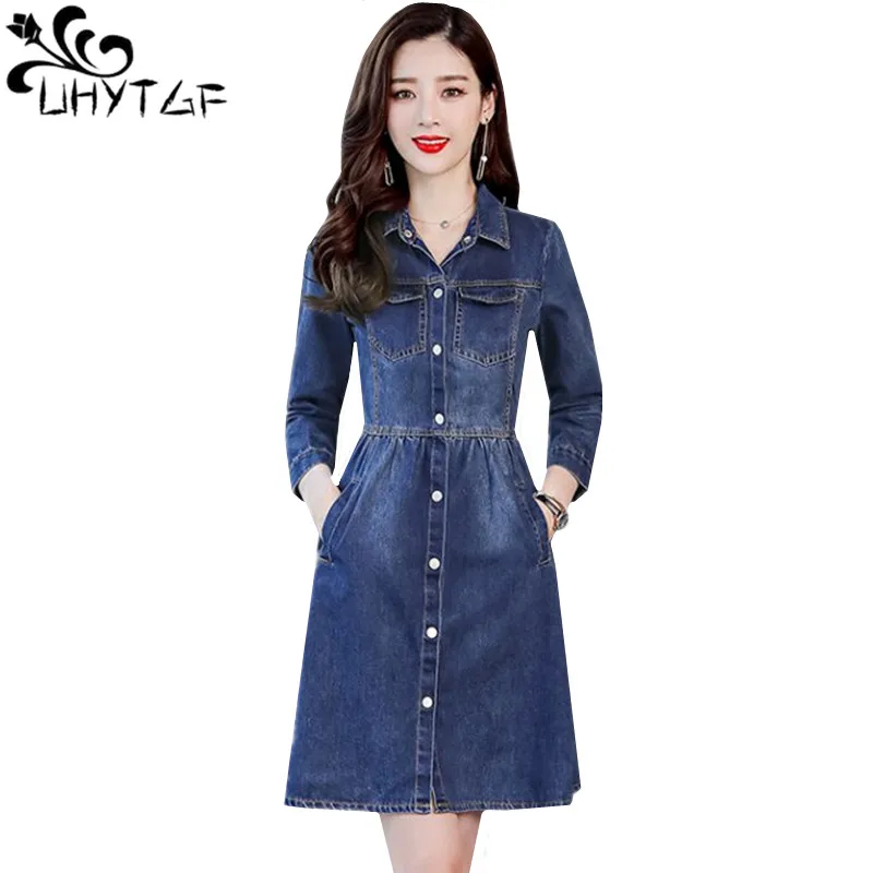 

UHYTGF 2019 New single-breasted Slim women spring denim dress casual ladies plus size dresses long-sleeved female mini dress1253