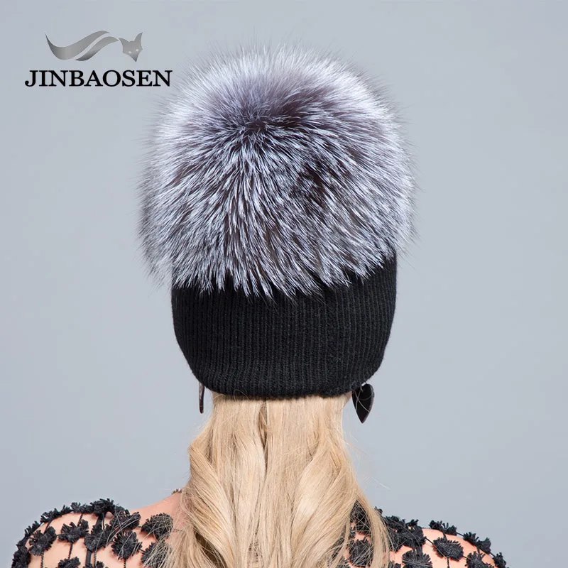 JINBAOSEN, русская мода, Вязаная Шерстяная меховая шапка, мех лисы, Прошитые наушники, зимняя Лыжная шапка, женская теплая шапка, моющаяся, двойная, толстая меховая шапка