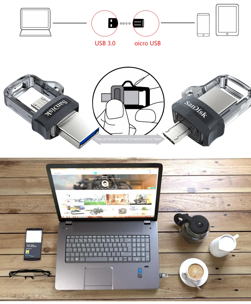 SanDisk OTG USB3.0 16 ГБ 32 ГБ 64 Гб 128 ГБ xtreme высокоскоростной двойной OTG USB флеш-накопитель флешки 150 м/с