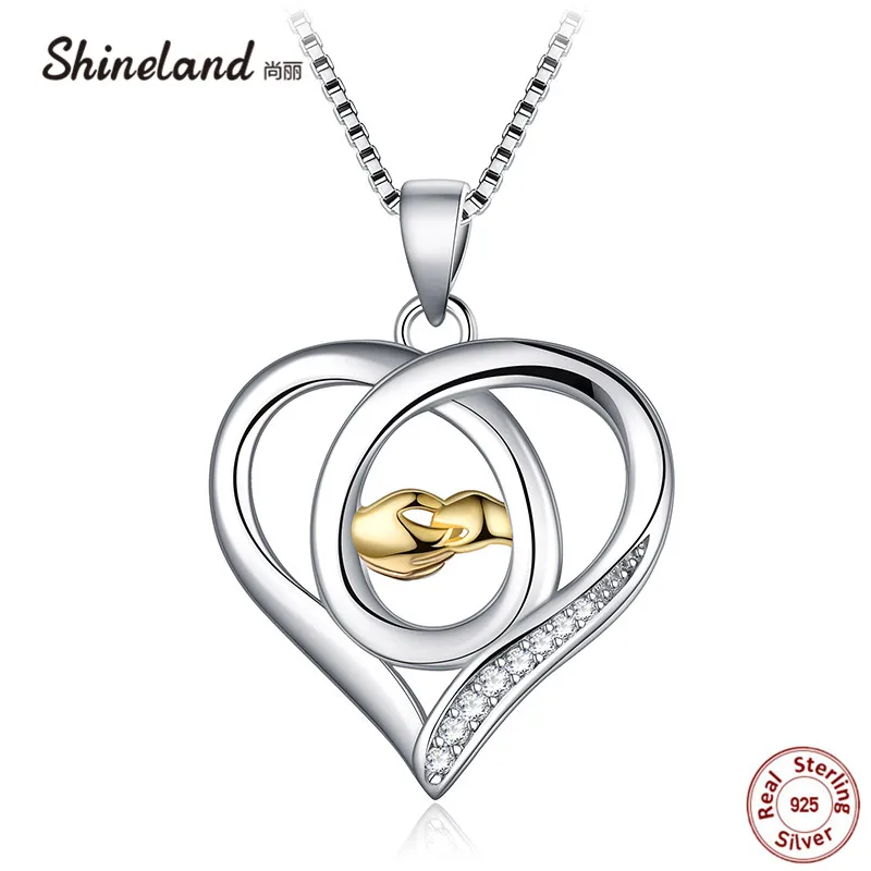 

Shineland 925 Sterling Sliver Mother Loves Baby Hand in Hand Pendant Necklace AAA Zircon Trendy Collier Bijoux for Mother's Day