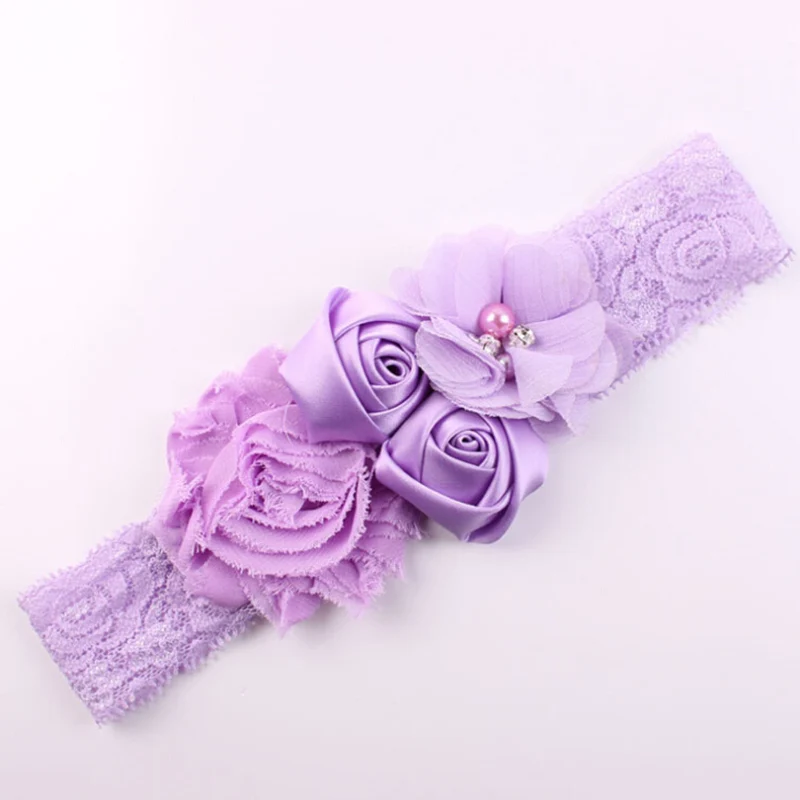 Light Purple Новые детские повязки микс 4 цветок жемчуг кружевные ленты бант для волос новорожденный детская повязка на голову с большим цветком для девочки аксессуары для волос реквизит для фото - Цвет: Light Purple