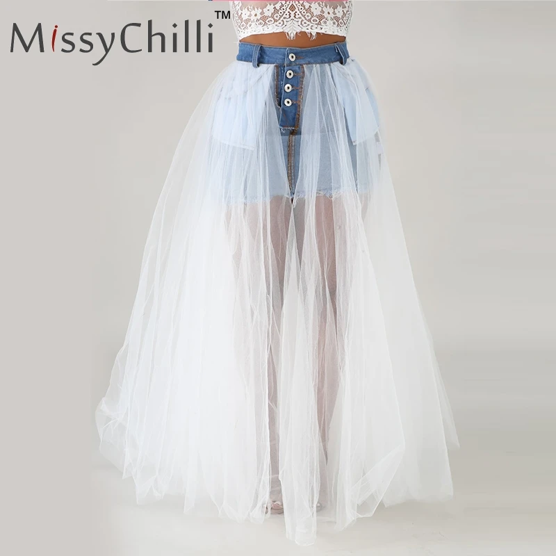 Белый MissyChilli сетчатые Лоскутные юбки джинсовые с разрезом сексуальные летние пуговицы белая юбка с высокой талией женская уличная неоновая джинсовая юбка на пуговицах - Цвет: Белый