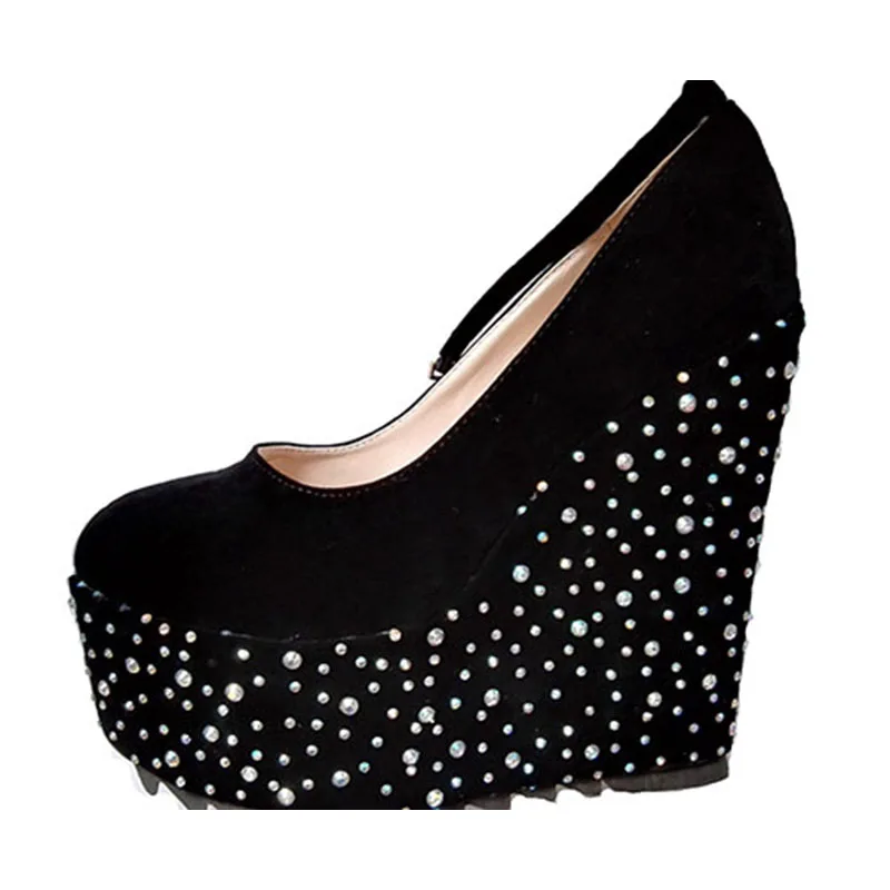Женские вечерние туфли лодочки из флока на платформе танкетке с круглым носком