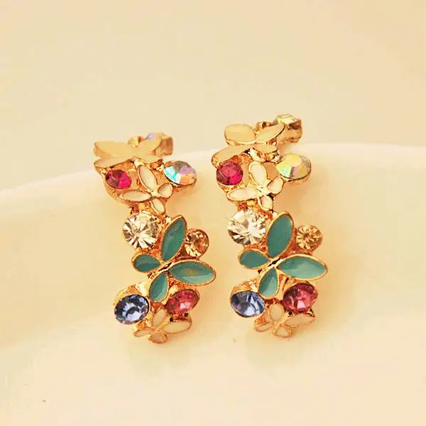 

Colorful Branch Fancy Crystal Rhinestone Metallic Butterfly Flowers Stud Earrings for Women Ear Piercing Jewelry