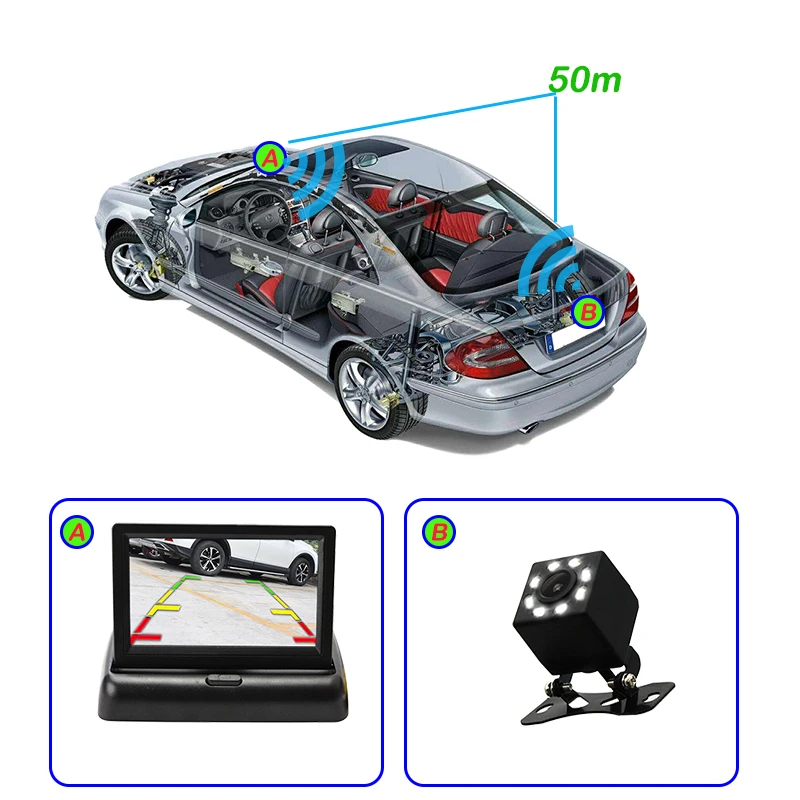 

Car Monitor Foldable 4.3 Inch With Wireless Backup Reversing Camera Cam To 2.4Ghz Video RCA Receiver Kit For Parking Assistance