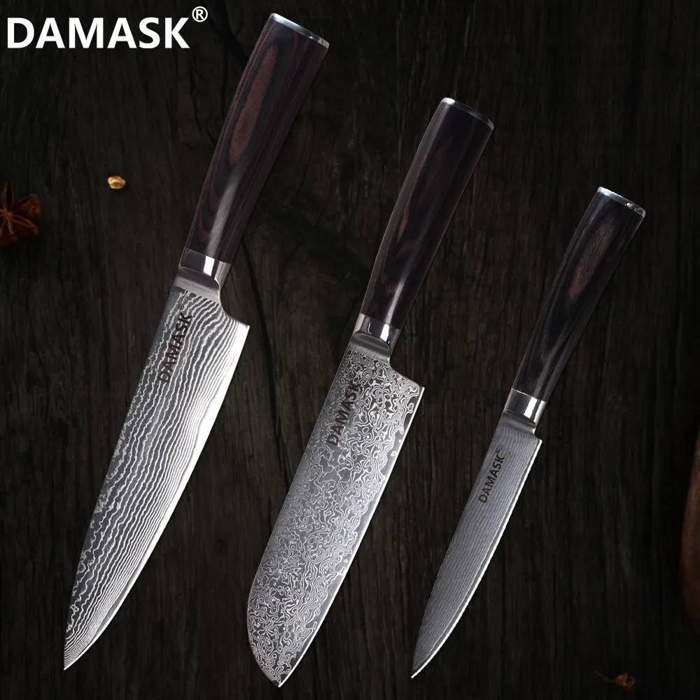 Damask бритва острый дамасский кухонный нож набор из 3 предметов дамасский шеф-повара сантоку Универсальный комплект ножей VG10 Японский стальной кухонный нож Горячий