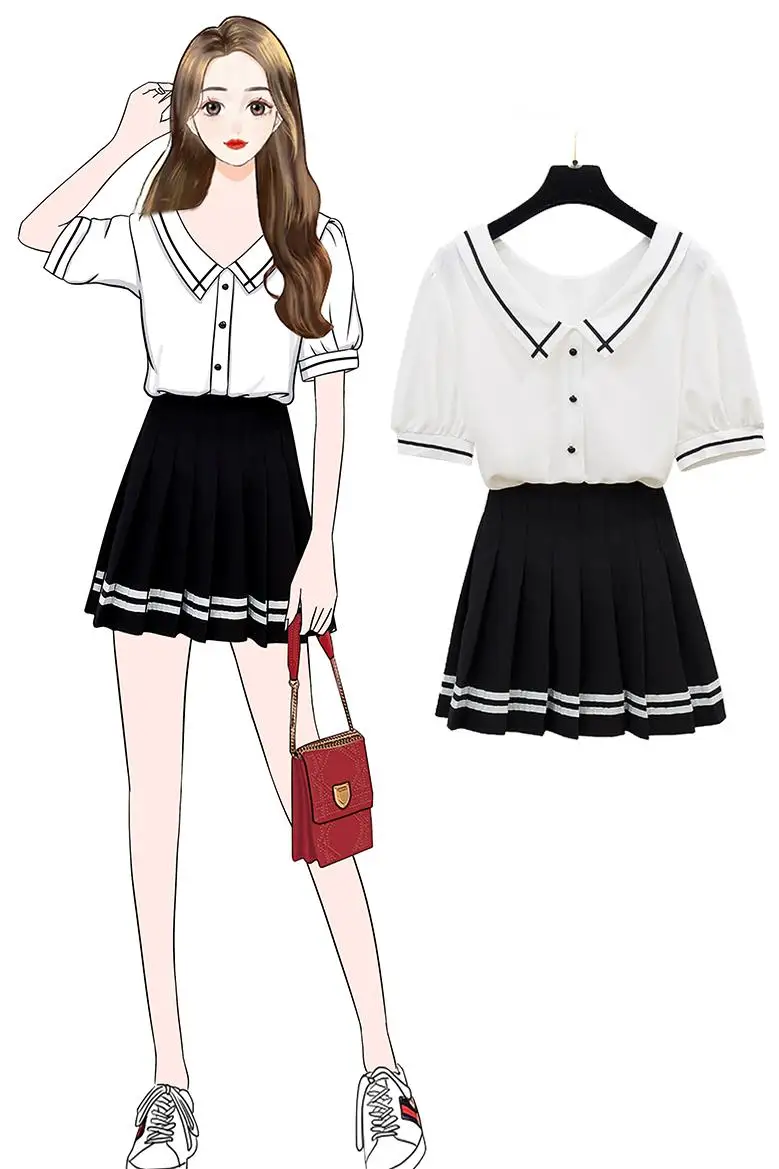 

college contracted girl friends suit v-neck A word pleated chiffon shirt jacket umbrella skirt 2 pcs clothing set women vestidos