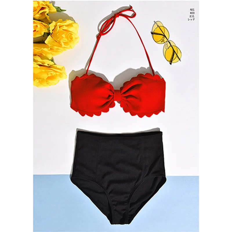 QianYuEr6642Red Корейский комплект бикини для девочек, топ с рюшами, очень милый купальник, бикини с лямкой на шее, с высокой талией, комплект из двух предметов, купальный костюм Maillot de bain - Цвет: QianYuEr6642Red