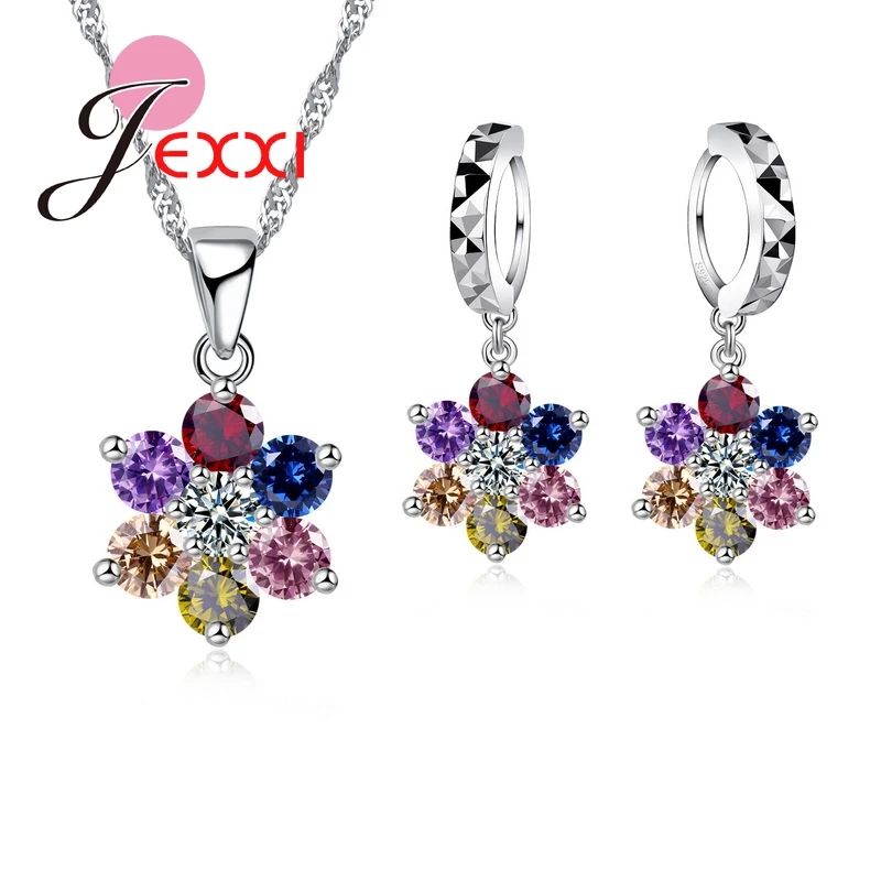 

Trendy Girls Pendant Set Colorized Crystal 925 Sterling Silver Pendant Necklace Earrings Women Flowers Jewelry Set