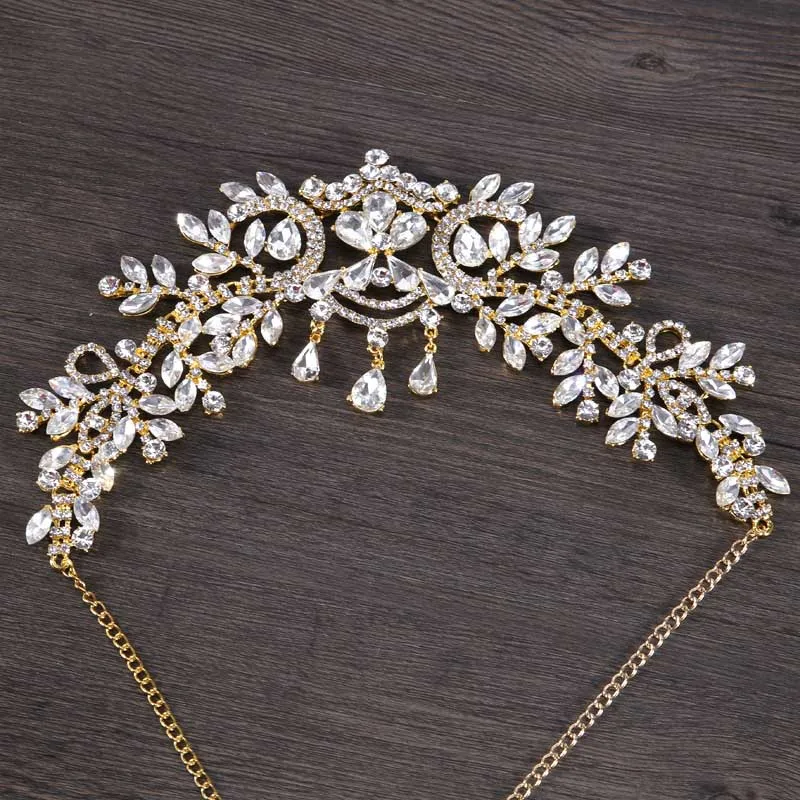 Gold Frontlet свадебные аксессуары для волос кристалл Стразы Корона оголовье тиара Свадебные украшения для волос головной убор лоб ювелирные изделия - Окраска металла: Gold