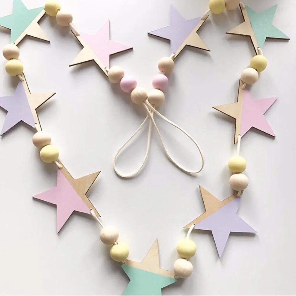 

Скандинавская деревянная гирлянда со звездами и бусинами, баннер, деревянная гирлянда, настенные украшения, украшения для вечеринки, сваде...