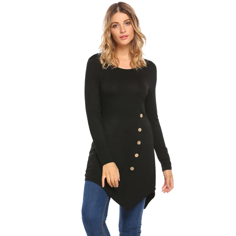 

2018 New Fashion Women Button Shirt Casual Long Sleeve O Neck Solid Tops Fashion Long Blouse Shirts Casual Pullovers Top Clothes