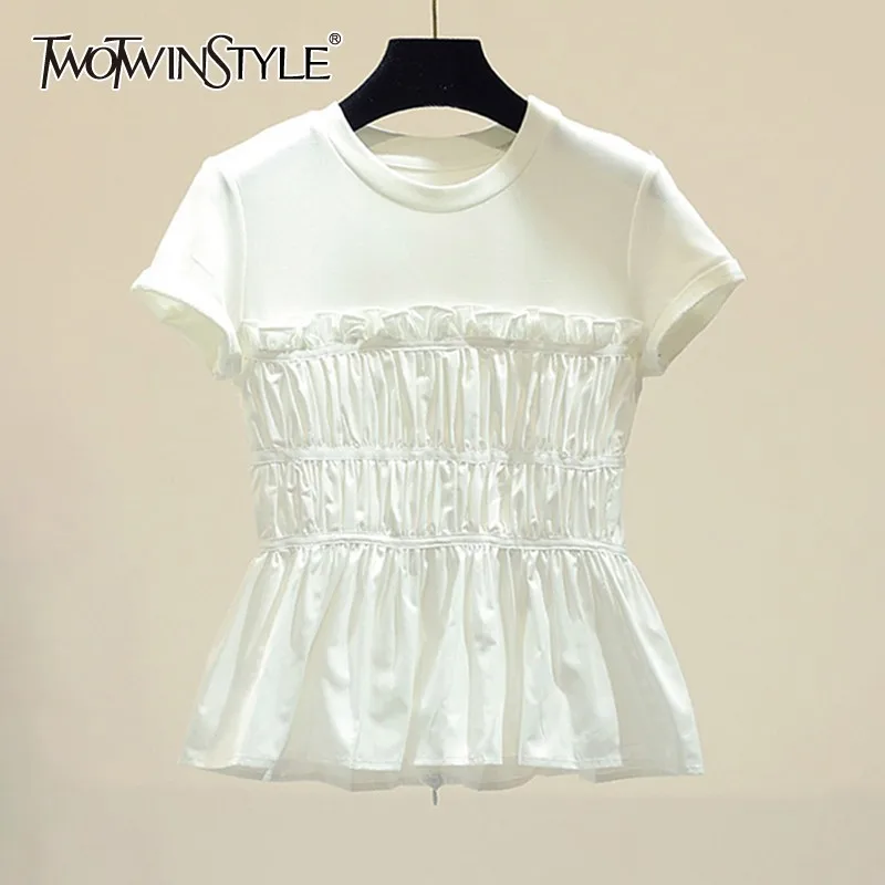 TWOTWINSTYLE шифоновая Лоскутная футболка для женщин с круглым вырезом и рюшами