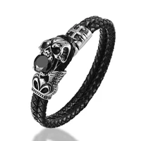 janeyacy fashion men bracelet stainless steel skull bracelets black synthetic leather rope hand bracelet male vintage jewelry