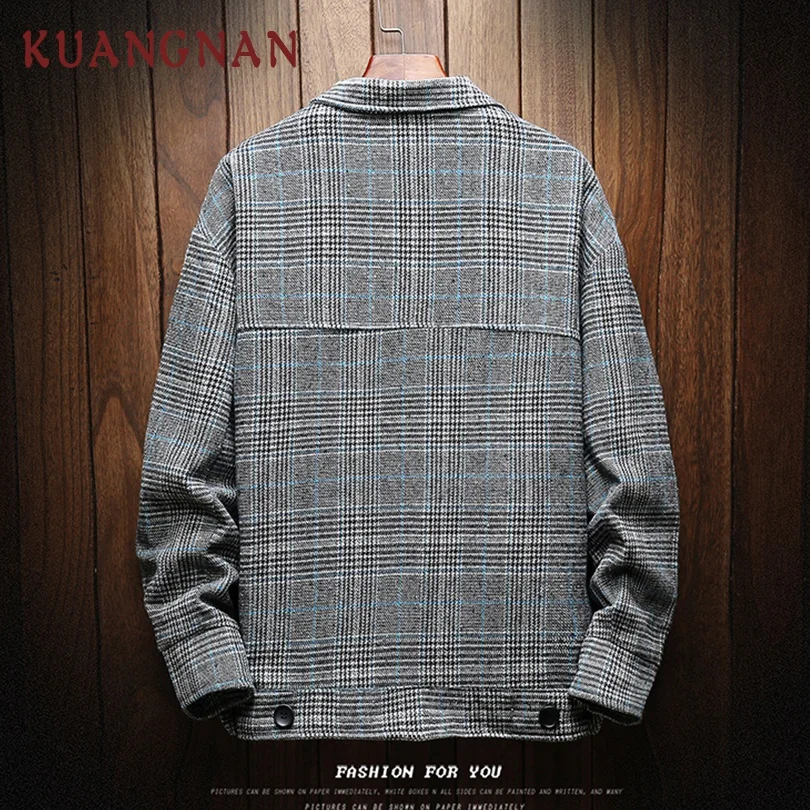 KUANGNAN Woolen Plaid Jacket Men Streetwear Bomber Coat Windbreaker Clothes Hip Hop 2019 New | Мужская одежда