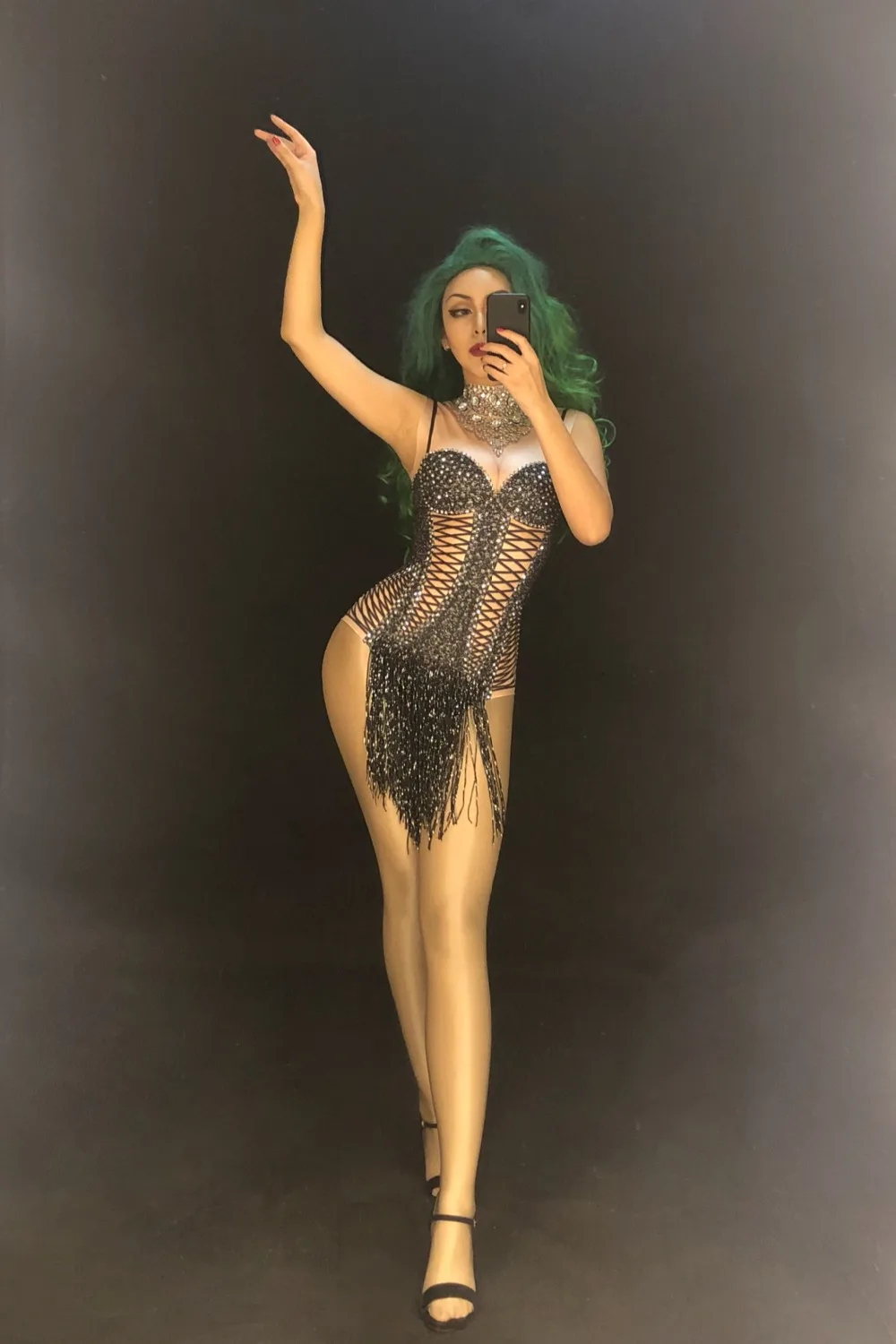 Women Sexy Stage Bodysuit Black Tassel Silver Sparkling Crystals Jumpsuit Nightclub Birthday Wedding Wear Singer Dance Costumes