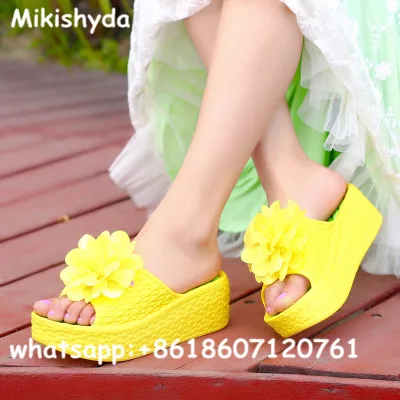 

handmade flower low wedge heel slippers sandals for women summer fashion slip on sandalia plataforma Beach shoe flip flops