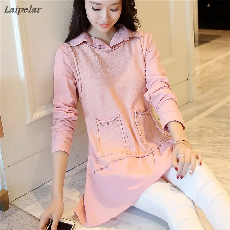 

spring new women's fake two pieces in the long section of stitching shirt collar sweater F1631 Laipelar