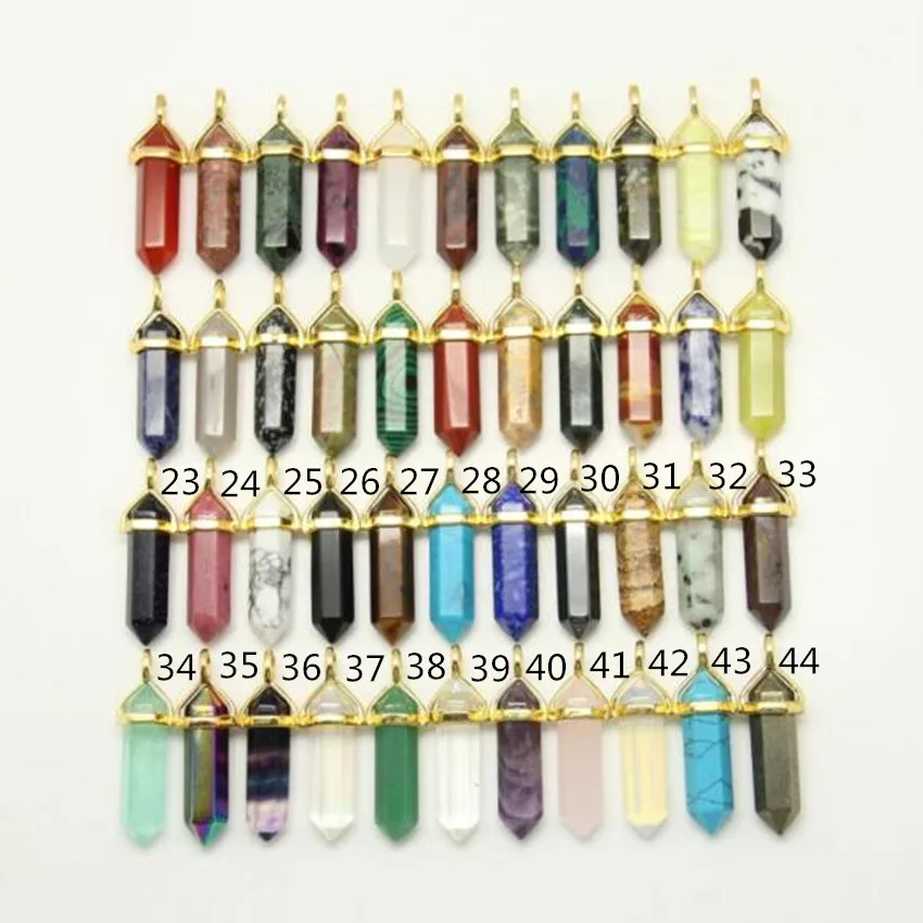 

44 stones choice,#23-#44 12x40mm 10pcs Bulk Faceted Hexagon Point Pendants,Plated Gold Bails Stick Spike Beads Craft Necklace