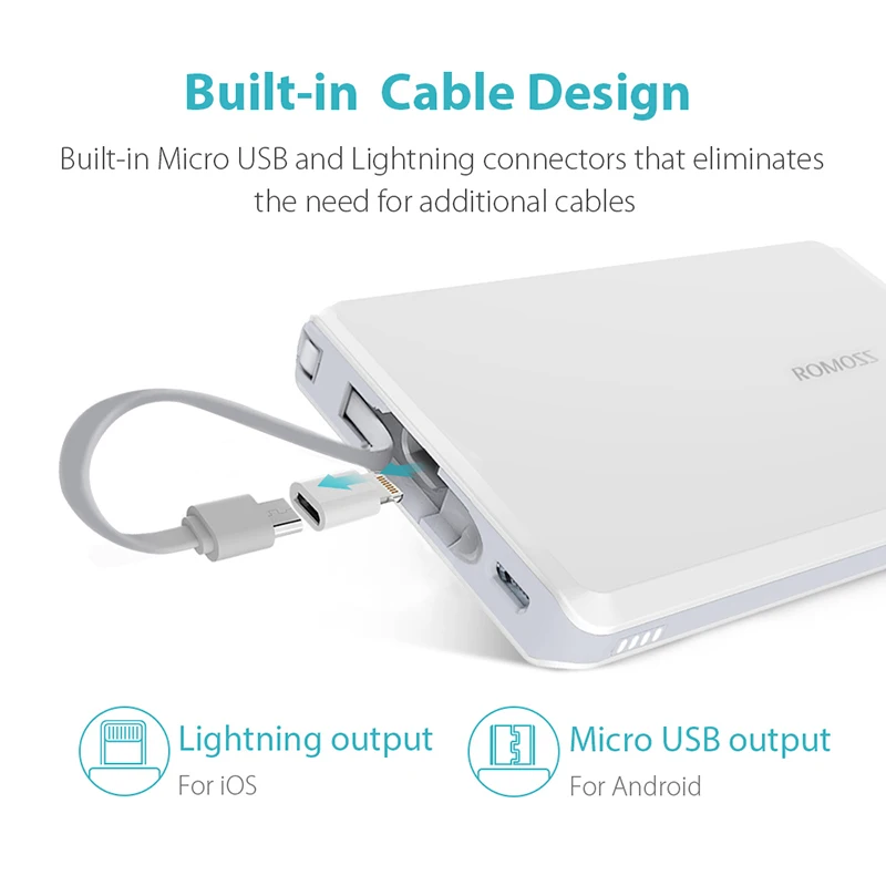 ROMOSS QS05 5000 мАч Внешний аккумулятор со встроенным кабелем Micro USB портативное