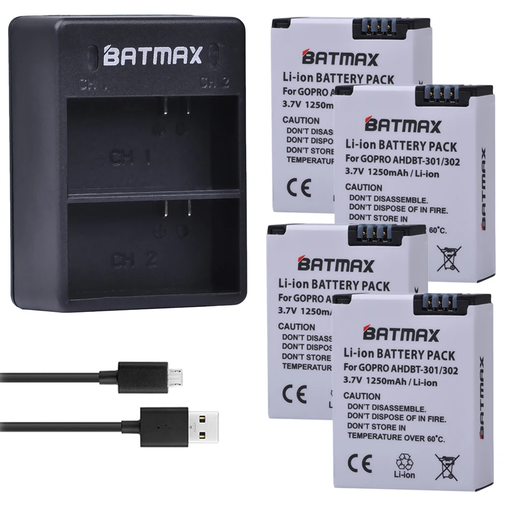 

Аккумулятор 1250 мА · ч, 4 шт., AHDBT-301 мА · ч, двойное зарядное устройство USB для камеры GoPro Hero3, аксессуары для камеры GoPro Hero 3