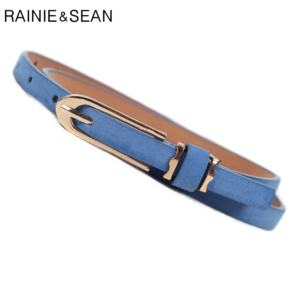 

RAINIE SEAN Women Thin Belt Candy Color Faux Leather Belt Female Pin Buckle Blue Solid Ladies Dress Strap Retro Skinny Waistband