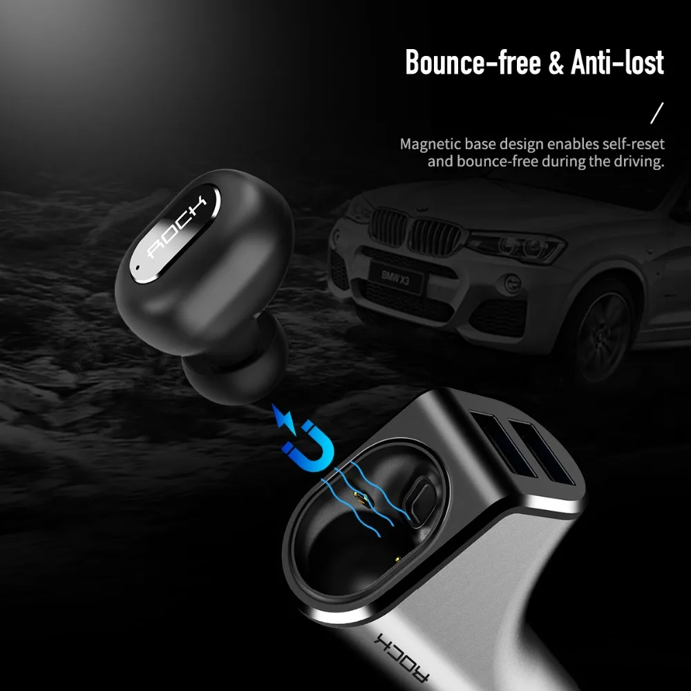 Интеллектуальное автомобильное зарядное устройство ROCK B400 с двумя usb-портами+ 4,2 Bluetooth, цифровые наушники, быстрая зарядка, мониторинг для iPhone xs, samsung