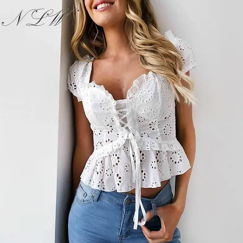 NLW Fashion Embrodiery White Women Crop Tops and Blouse 2019 Summer Casual Ruffle Lace up Shirt Female Sexy Hollow out Blusa |